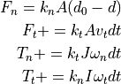 F_n = k_n A (d_0 - d)
F_t += k_t A v_t dt
T_n += k_t J \omega_n dt
T_t += k_n I \omega_t dt