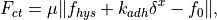 F_{ct} = \mu \|f_{hys} + k_{adh}\delta^x - f_0\|,