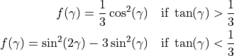 f(\gamma) = \frac{1}{3} \cos^2(\gamma) \quad \mbox{if}\;\tan(\gamma) > \frac{1}{3}
f(\gamma) = \sin^2(2\gamma) - 3 \sin^2(\gamma) \quad \mbox{if}\;\tan(\gamma) < \frac{1}{3}