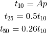 t_{10} = A p
t_{25} = 0.5 t_{10}
t_{50} = 0.26 t_{10}