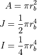 A = \pi r_b^2
J = \frac{1}{2} \pi r_b^4
I = \frac{1}{4} \pi r_b^4