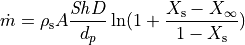 \dot{m} = \rho_\mathrm{s} A \frac{\mathit{Sh} D}{d_p} \ln(1 + \frac{X_\mathrm{s} - X_\infty}{1 - X_\mathrm{s}})
