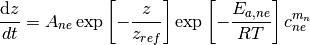 \frac{\mathrm{d} z}{dt} = A_{ne} \exp\left[-\frac{z}{z_{ref}}\right] \exp\left[-\frac{E_{a,ne}}{R T}\right]c^{m_n}_{ne}