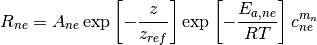 R_{ne} = A_{ne} \exp\left[-\frac{z}{z_{ref}}\right] \exp\left[-\frac{E_{a,ne}}{R T}\right]c^{m_n}_{ne}
