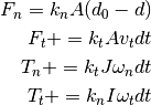 F_n = k_n A (d_0 - d)

F_t += k_t A v_t dt

T_n += k_t J \omega_n dt

T_t += k_n I \omega_t dt