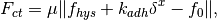 F_{ct} = \mu \|f_{hys} + k_{adh}\delta^x - f_0\|,