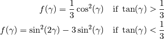 f(\gamma) = \frac{1}{3} \cos^2(\gamma) \quad \mbox{if}\;\tan(\gamma) > \frac{1}{3}

f(\gamma) = \sin^2(2\gamma) - 3 \sin^2(\gamma) \quad \mbox{if}\;\tan(\gamma) < \frac{1}{3}
