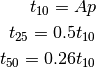 t_{10} = A p

t_{25} = 0.5 t_{10}

t_{50} = 0.26 t_{10}