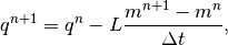 q^{n+1} = q^n - L \frac{m^{n+1} - m^n}{\Delta t},